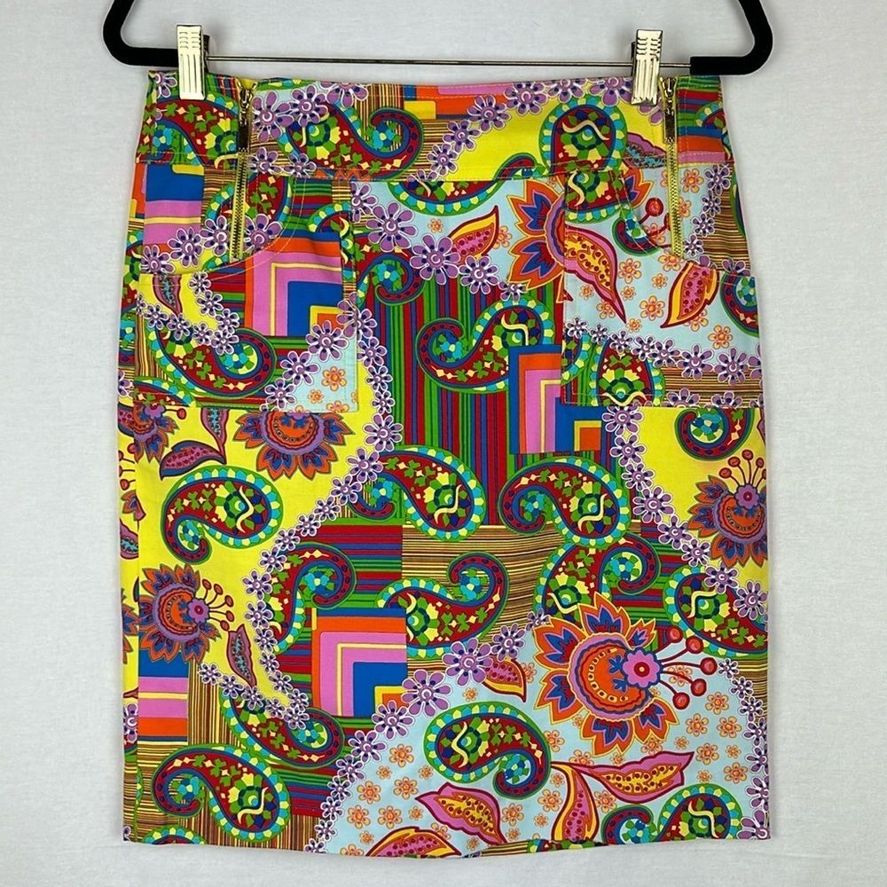 Daniel‎ Meister Skirt 6 Paisley Floral Pencil Red Yellow Maximalism Y2K Party